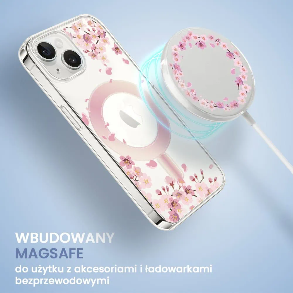 Etui do iPhone 14, Flower MagSafe, kwiat wiśni, przeźroczyste