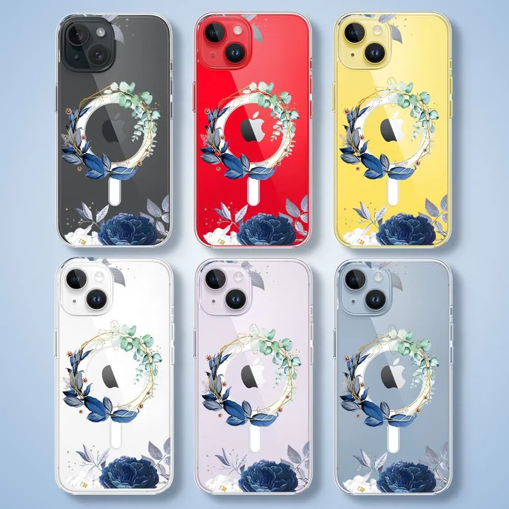 Etui do iPhone 14 Plus, Flower MagSafe, niebieskie kwiaty, przeźroczyste