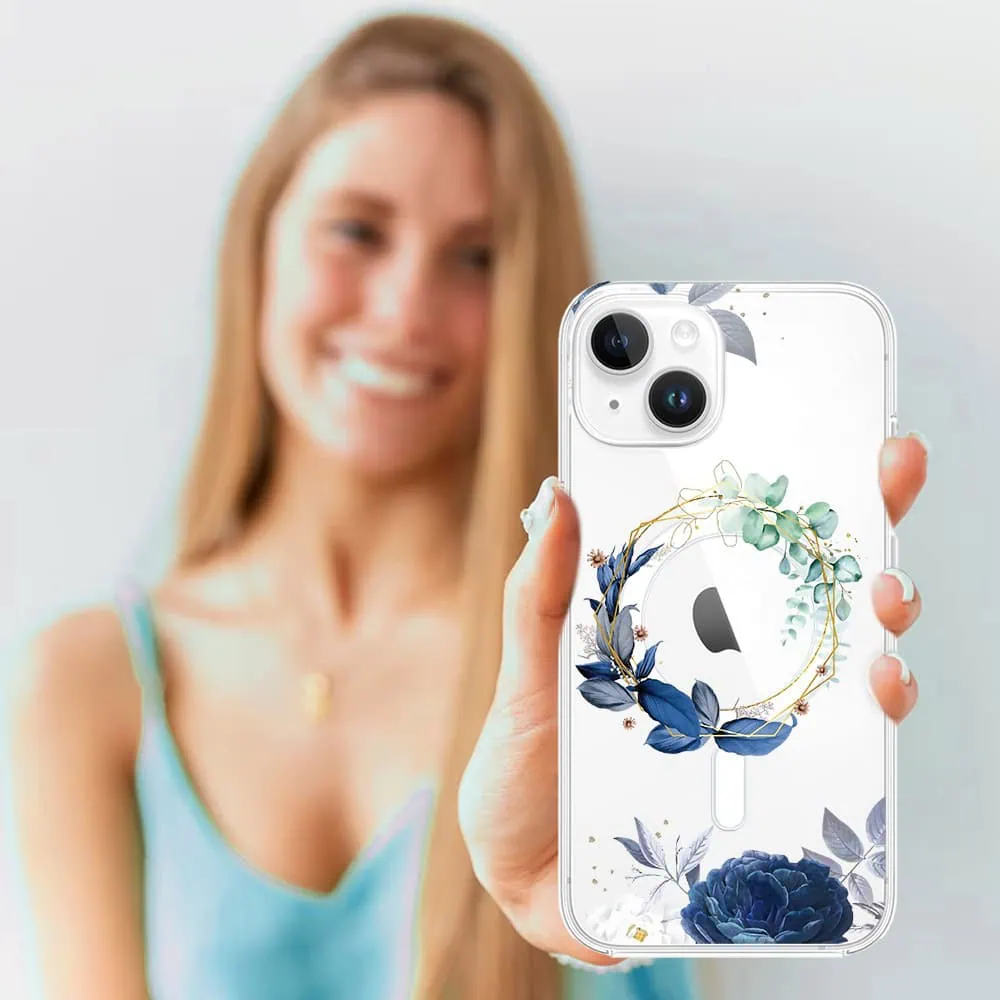 Etui do iPhone 14 Plus, Flower MagSafe, niebieskie kwiaty, przeźroczyste