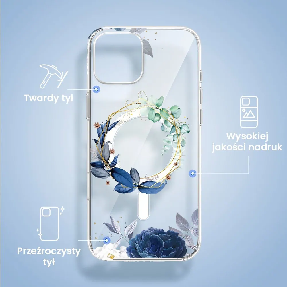 Etui do iPhone 14 Plus, Flower MagSafe, niebieskie kwiaty, przeźroczyste