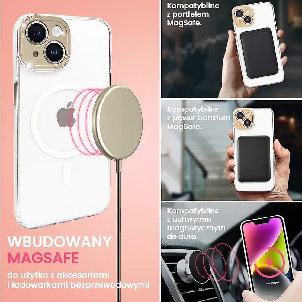 Etui do iPhone 14 z MagSafe, metalowa, złota osłona aparatu, krystaliczny tył, złote przyciski