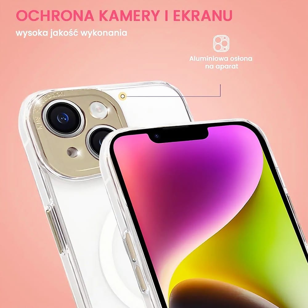 Etui do iPhone 14 z MagSafe, metalowa, złota osłona aparatu, krystaliczny tył, złote przyciski