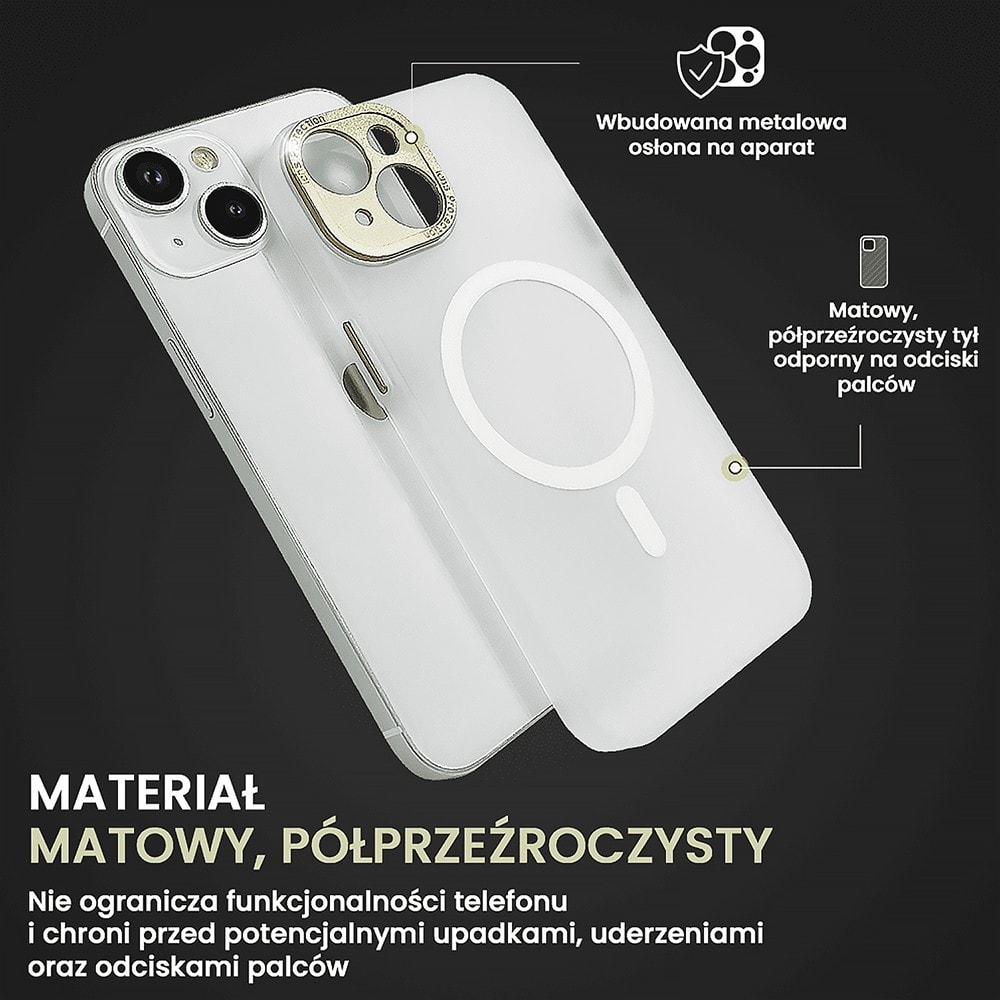 Etui do iPhone 14 z MagSafe, metalowa, złota osłona aparatu, matowy niepalcujący tył, złote przyciski