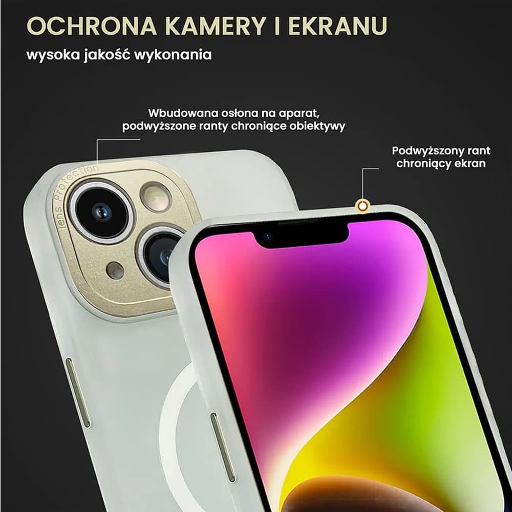 Etui do iPhone 14 z MagSafe, metalowa, złota osłona aparatu, matowy niepalcujący tył, złote przyciski