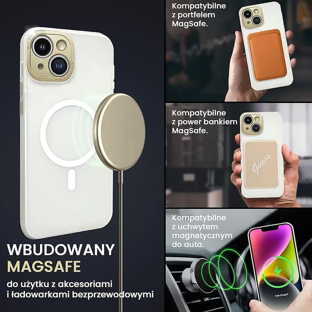 Etui do iPhone 14 z MagSafe, metalowa, złota osłona aparatu, matowy niepalcujący tył, złote przyciski