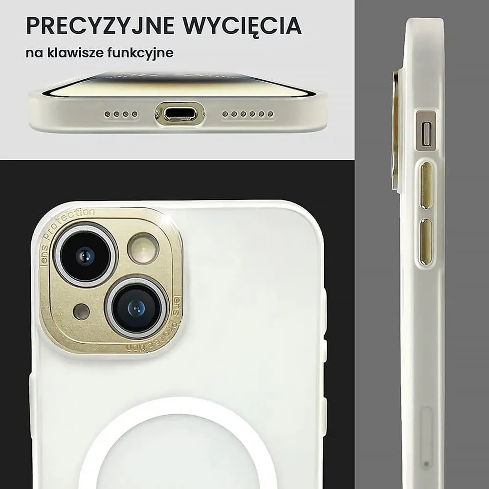Etui do iPhone 14 z MagSafe, metalowa, złota osłona aparatu, matowy niepalcujący tył, złote przyciski