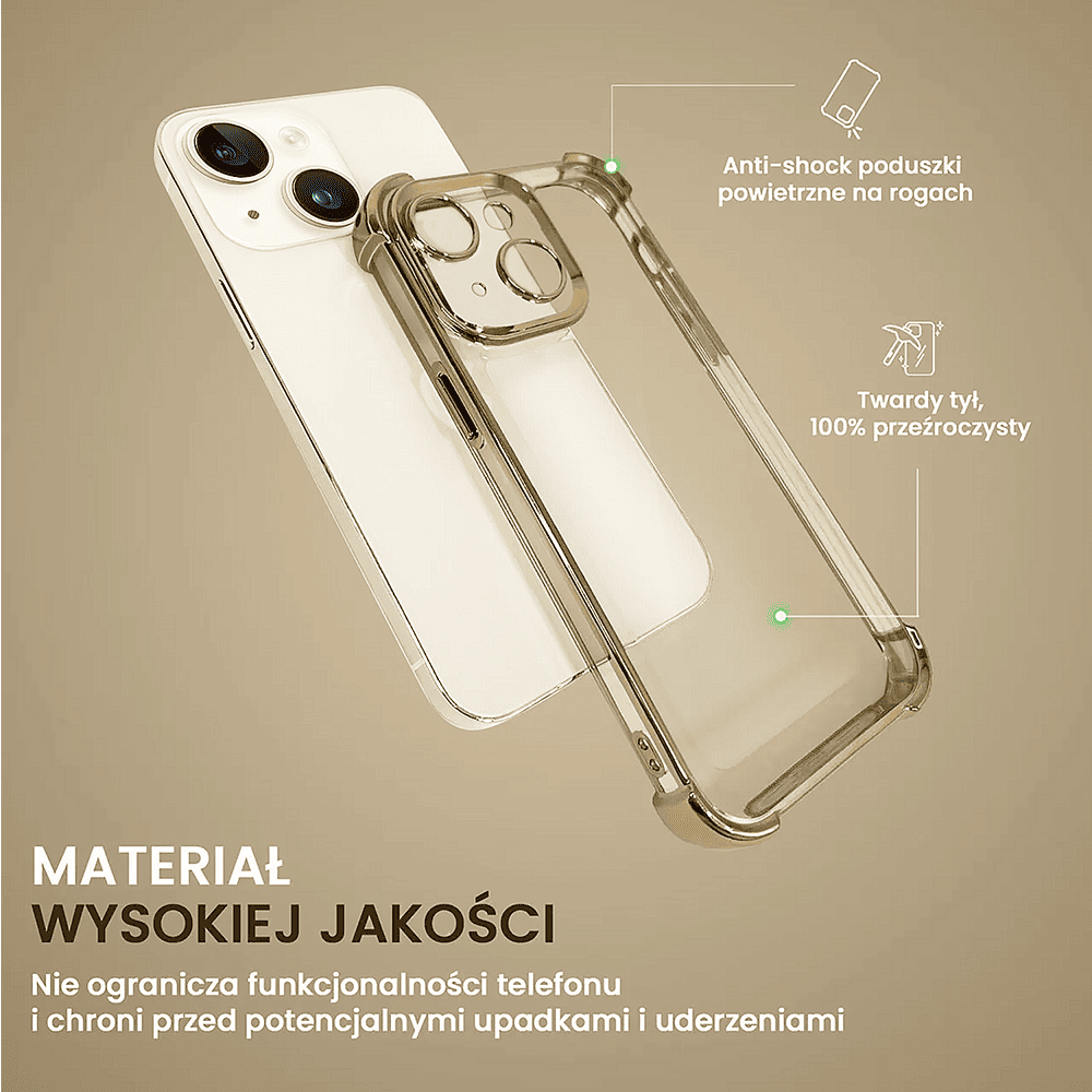 Etui do iPhone 14 Hybrid Elegance Anti-Shock z osłoną na aparat i poduszkami, złote (OUTLET)