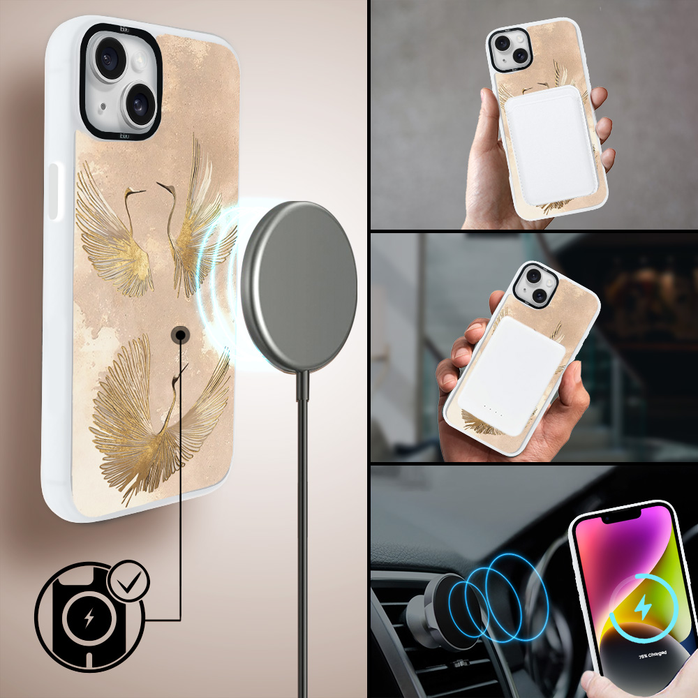 Etui do iPhone 14 Plus IBIZU DropGuard Matt z MagSafe, Boho, Złote żurawie