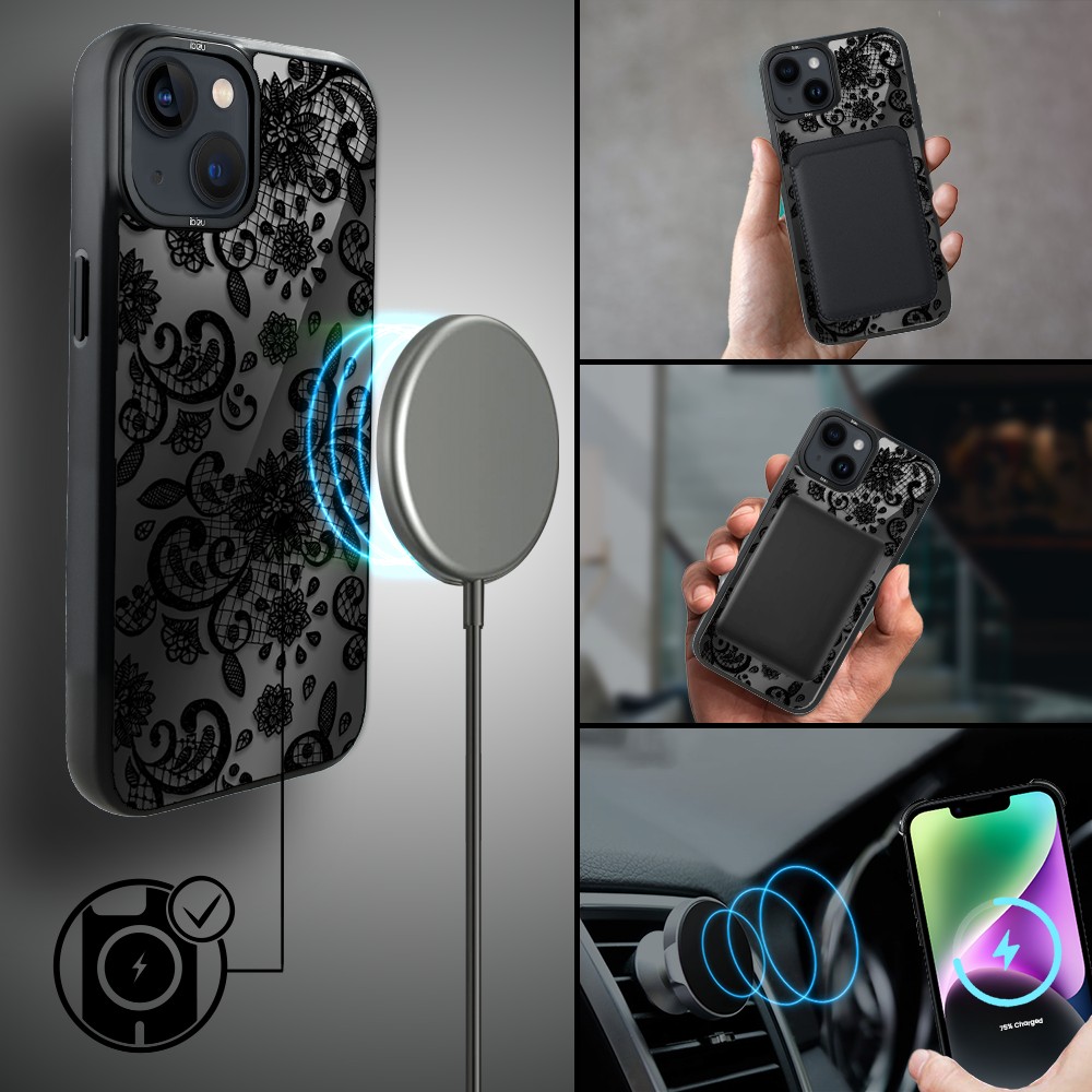 Etui do iPhone 14 Plus IBIZU DropGuard Matt z MagSafe, Midnight, Koronkowa czerń