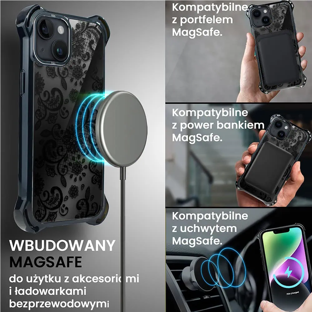 Etui do iPhone 14, Ibizu DropGuard Ultra z MagSafe, Midnight, Koronkowa czerń
