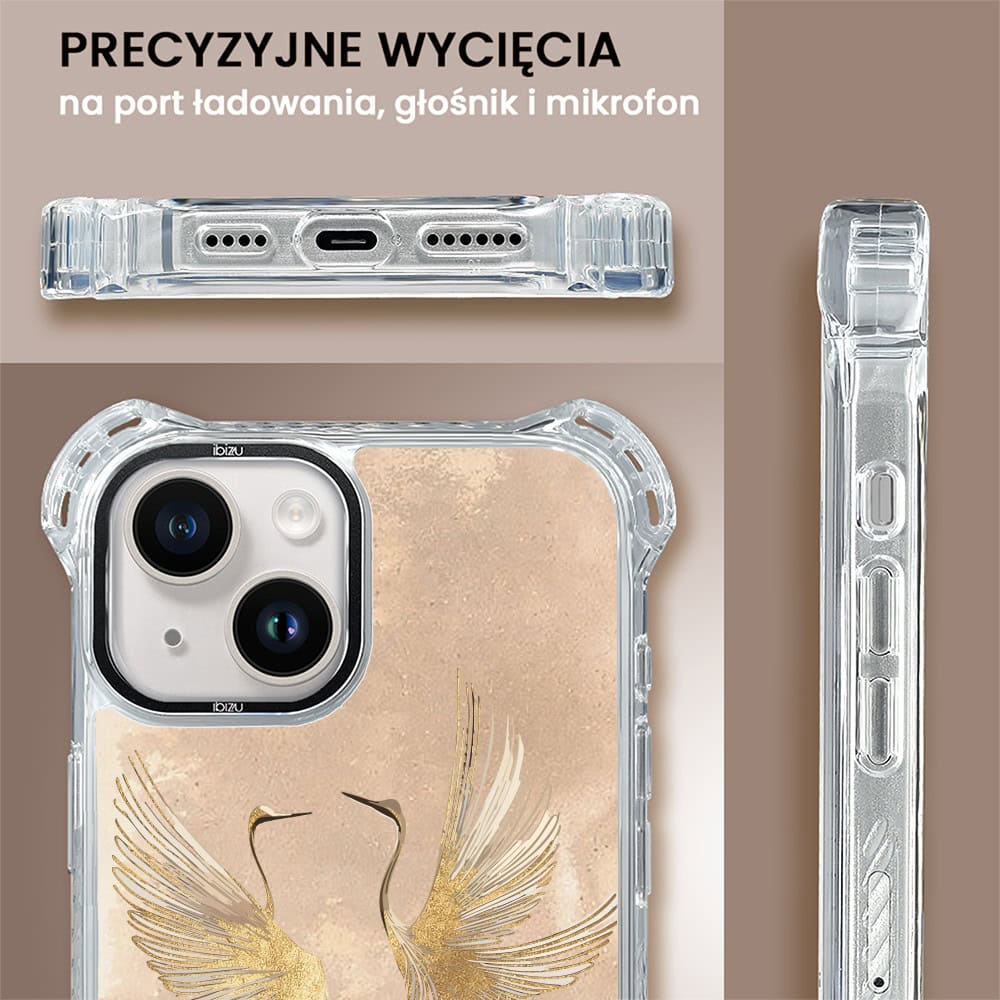 Etui do iPhone 14 Plus, Ibizu DropGuard Ultra z MagSafe, Boho, Złote żurawie
