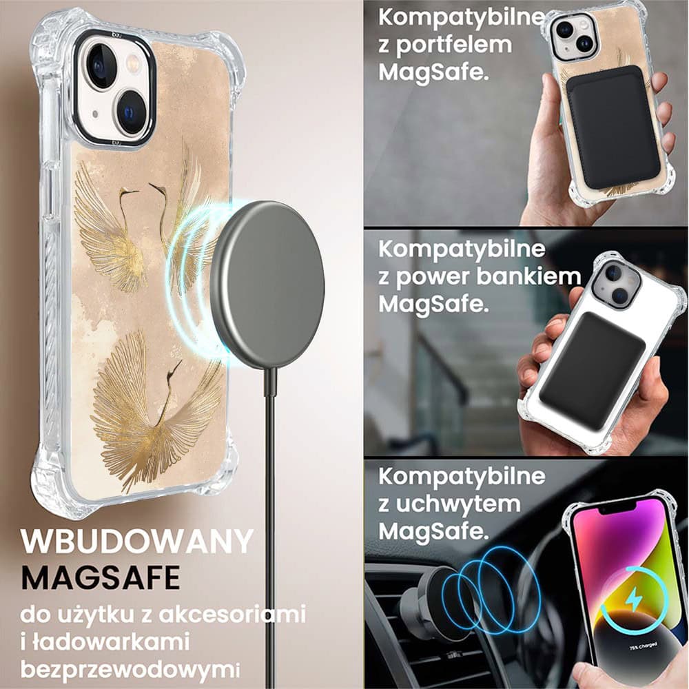 Etui do iPhone 14 Plus, Ibizu DropGuard Ultra z MagSafe, Boho, Złote żurawie
