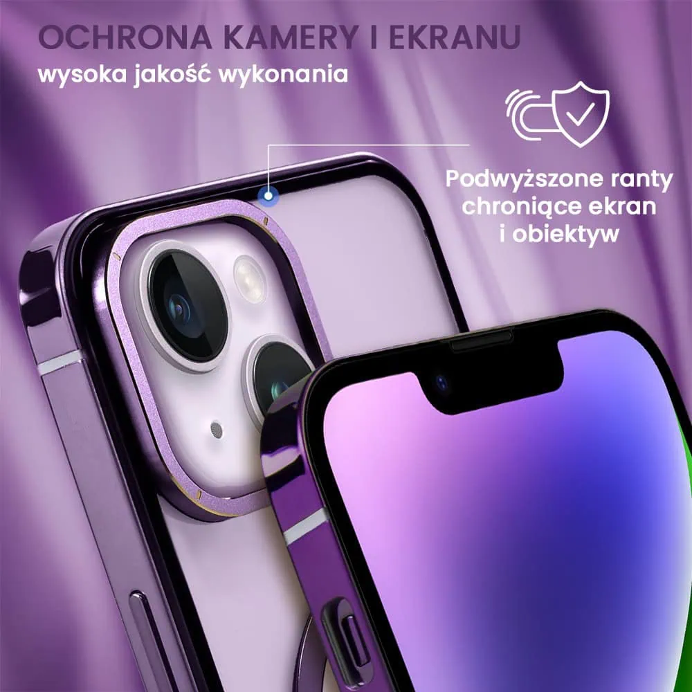 Etui do iPhone 14, Ibizu Elite Skin Cam Ring, krystalicznie czyste z metalową ramką, fioletowe z Magsafe