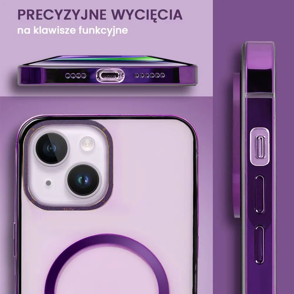 Etui do iPhone 14, Ibizu Elite Skin Cam Ring, krystalicznie czyste z metalową ramką, fioletowe z Magsafe