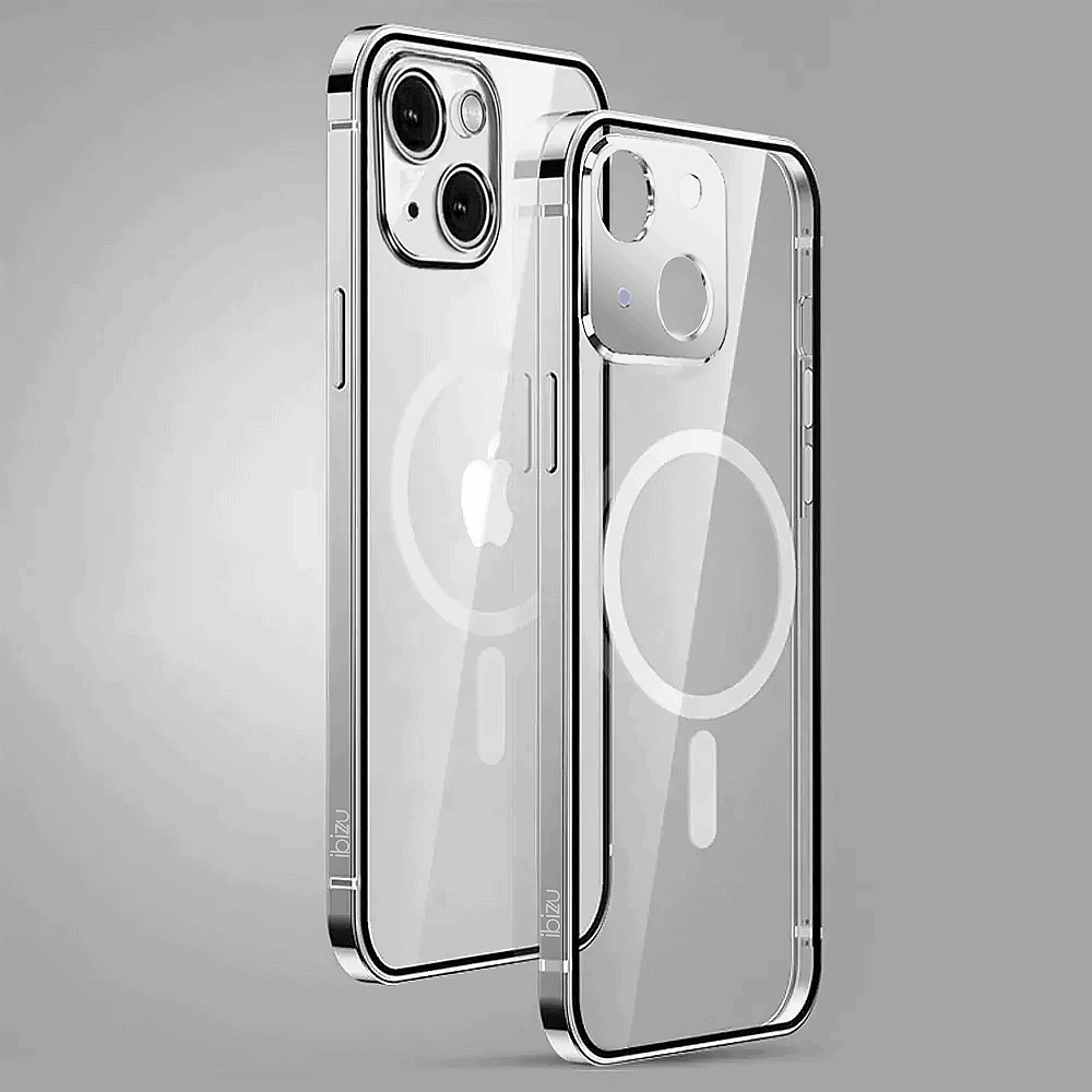Etui do iPhone 14 Ibizu Elite Skin, krystalicznie czyste z metalową ramką, srebrne z MagSafe