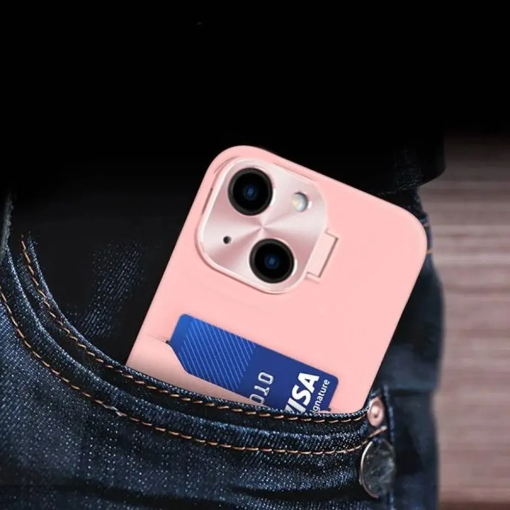 Etui do iPhone 14 Leather Stand z osłoną na aparat, miejscem na kartę i podstawką, różowe