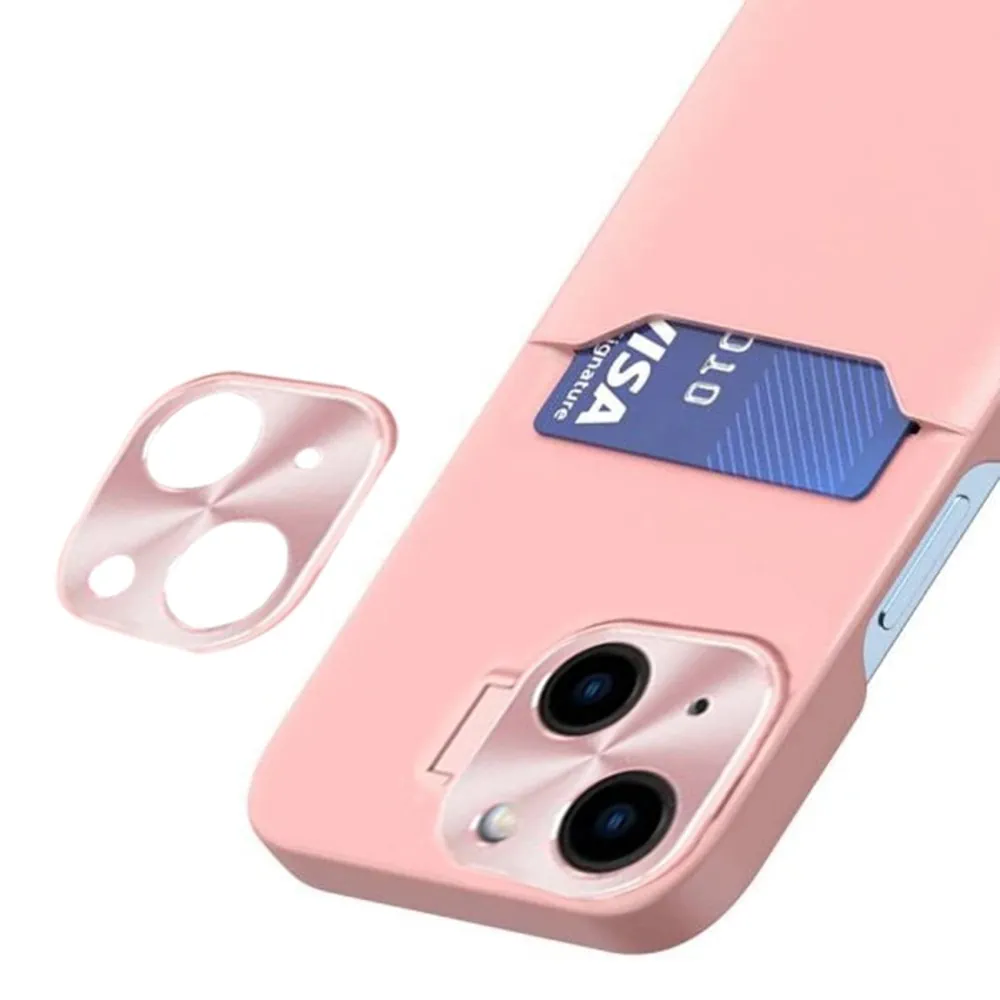 Etui do iPhone 14 Leather Stand z osłoną na aparat, miejscem na kartę i podstawką, różowe