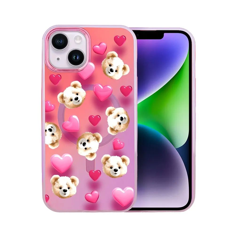 Etui do iPhone 14 MagSafe Bear With Me, Love Mood, miś i serduszka, głęboki mieniący się kolor, różowe ombre