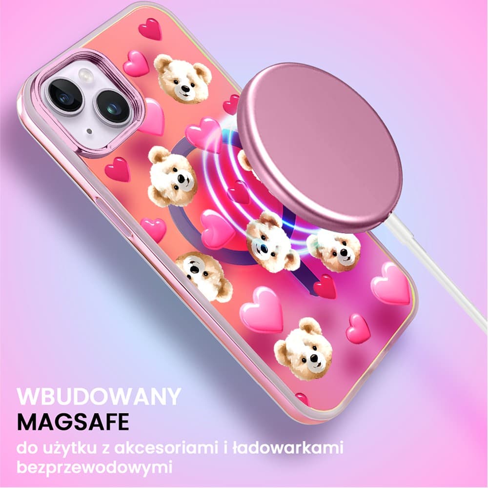 Etui do iPhone 14 MagSafe Bear With Me, Love Mood, miś i serduszka, głęboki mieniący się kolor, różowe ombre