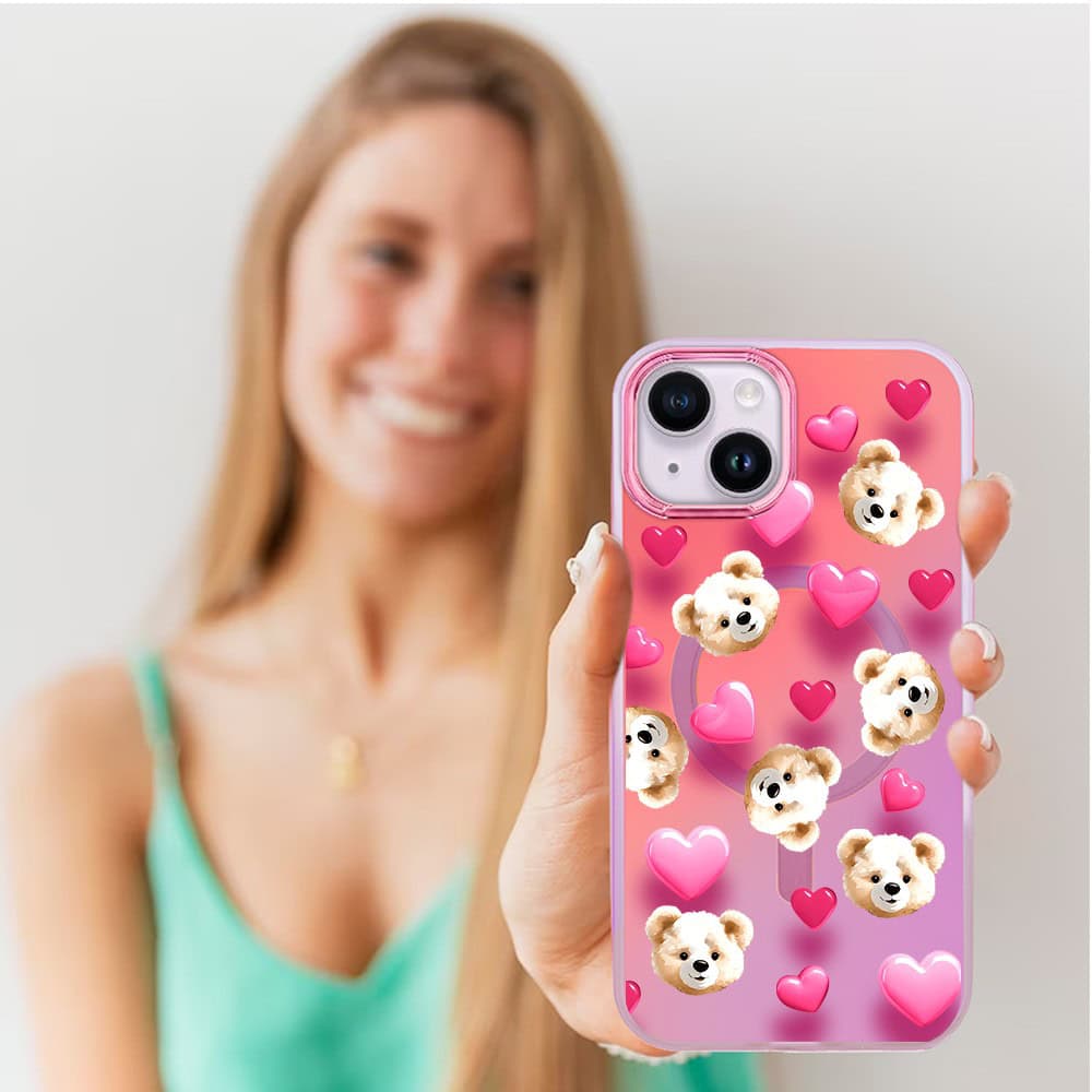 Etui do iPhone 14 MagSafe Bear With Me, Love Mood, miś i serduszka, głęboki mieniący się kolor, różowe ombre