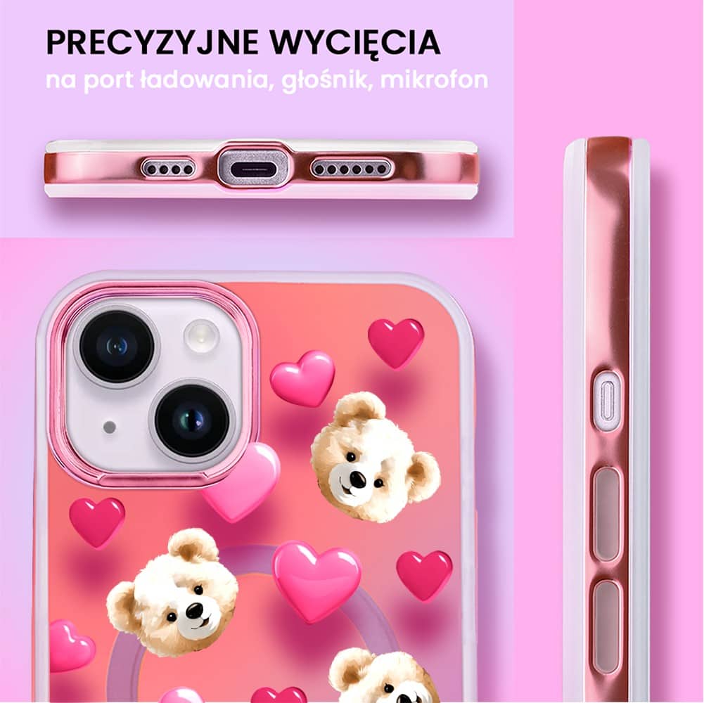 Etui do iPhone 14 MagSafe Bear With Me, Love Mood, miś i serduszka, głęboki mieniący się kolor, różowe ombre