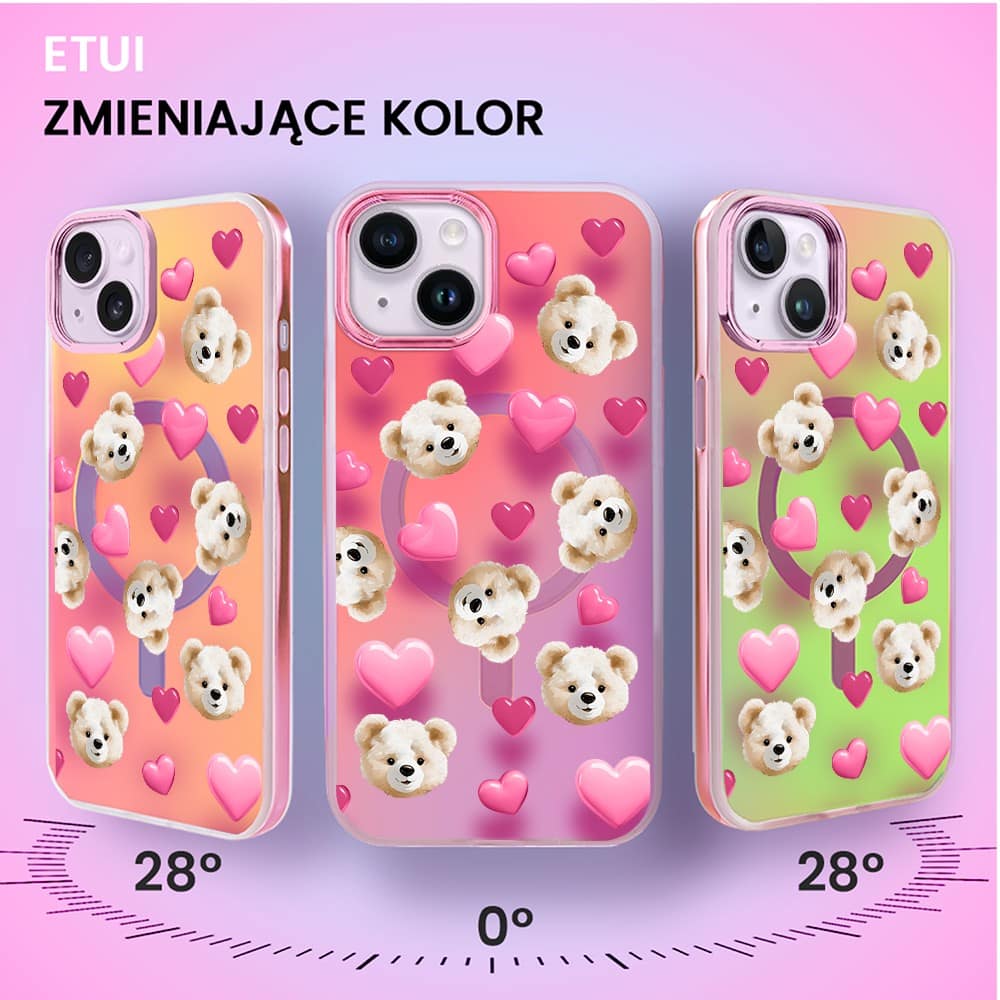 Etui do iPhone 14 MagSafe Bear With Me, Love Mood, miś i serduszka, głęboki mieniący się kolor, różowe ombre