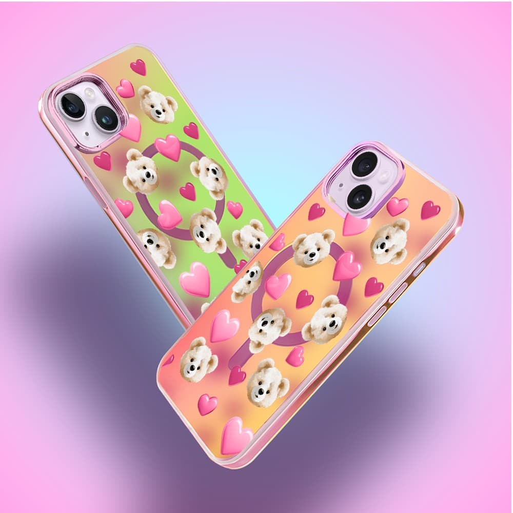 Etui do iPhone 14 MagSafe Bear With Me, Love Mood, miś i serduszka, głęboki mieniący się kolor, różowe ombre