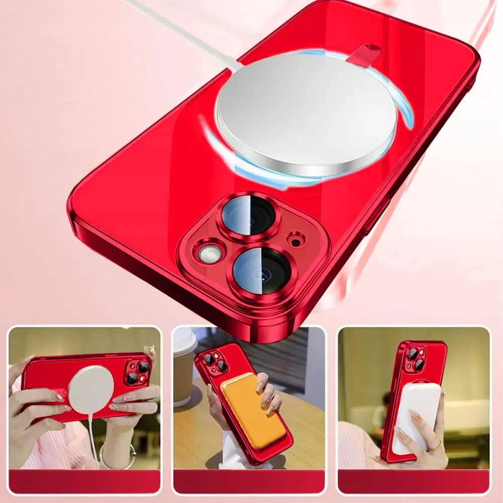Etui do iPhone 14 MagSafe Luxury Protect przeźroczyste, hybrydowa ochrona kamery, czerwone