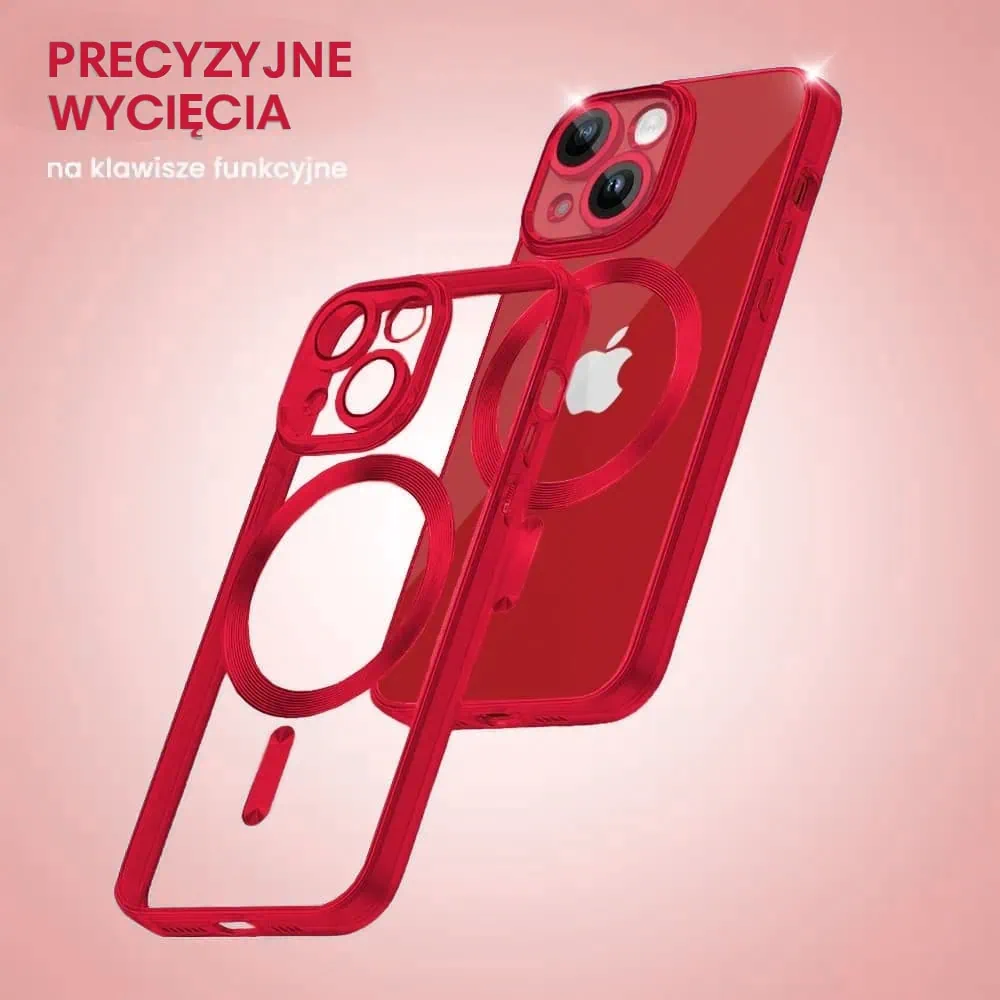 Etui do iPhone 14 MagSafe Luxury Protect przeźroczyste, hybrydowa ochrona kamery, czerwone