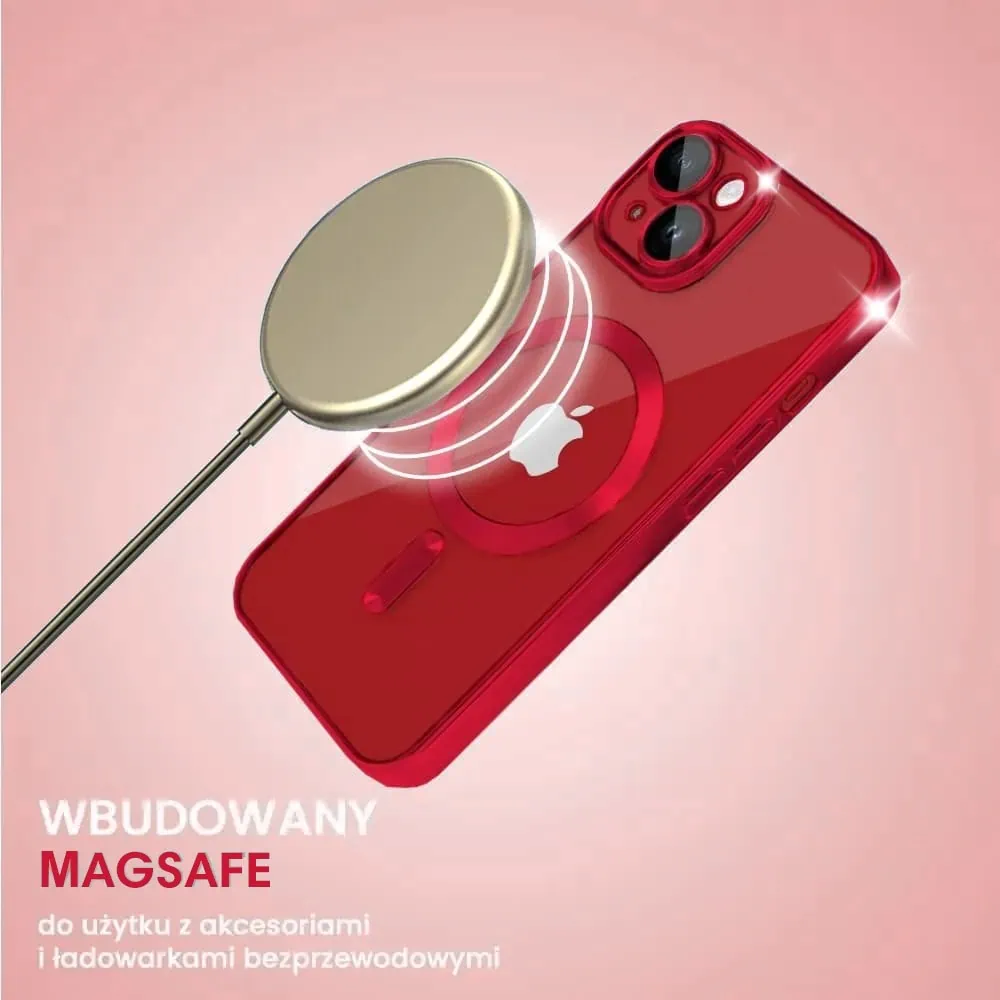 Etui do iPhone 14 MagSafe Luxury Protect przeźroczyste, hybrydowa ochrona kamery, czerwone