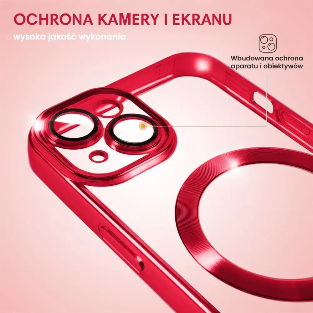 Etui do iPhone 14 MagSafe Luxury Protect przeźroczyste, hybrydowa ochrona kamery, czerwone