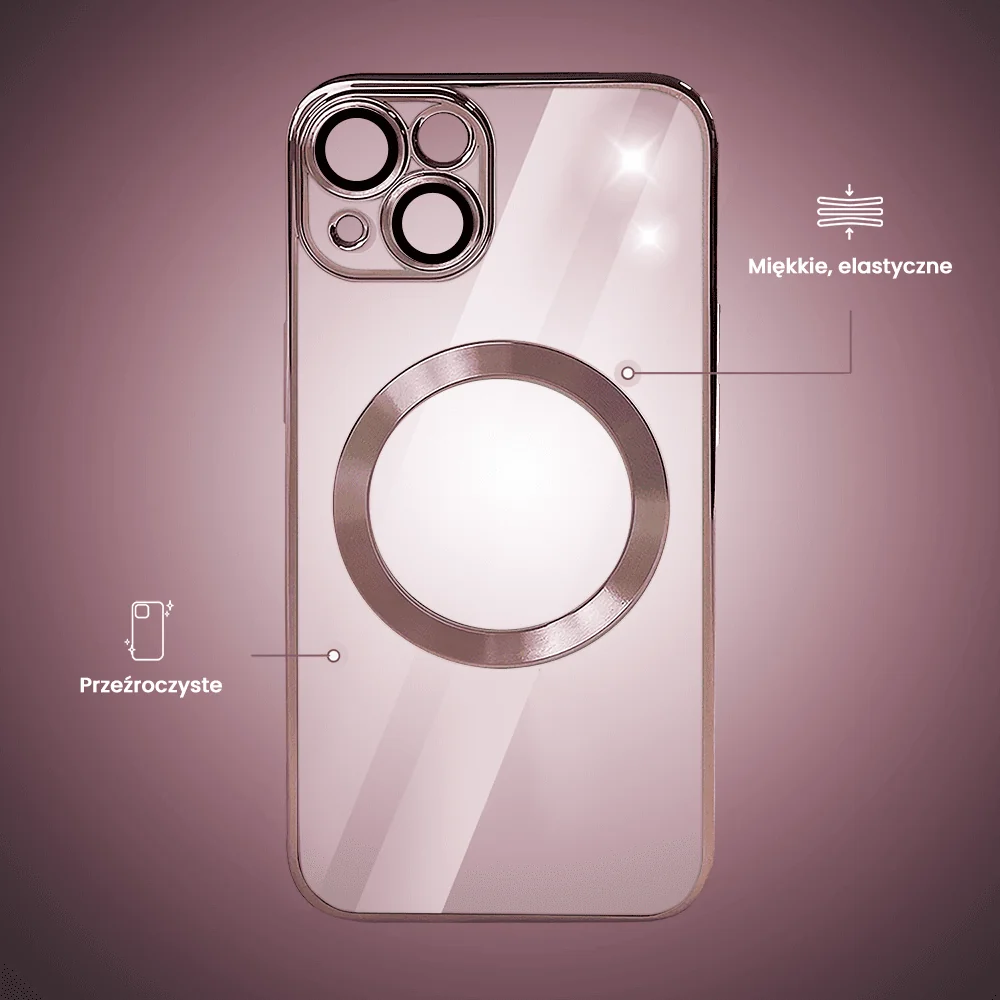 Etui do iPhone 14 MagSafe Luxury Protect przeźroczyste, hybrydowa ochrona kamery, różowe złoto