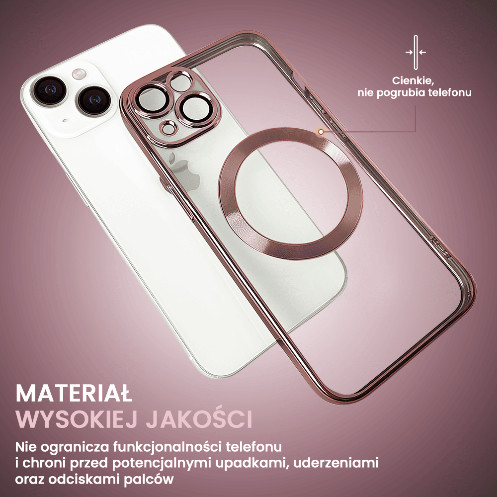 Etui do iPhone 14 MagSafe Luxury Protect przeźroczyste, hybrydowa ochrona kamery, różowe złoto