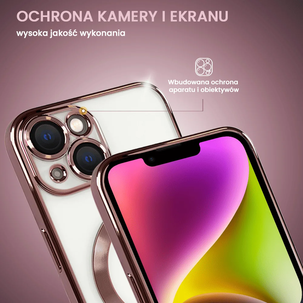 Etui do iPhone 14 MagSafe Luxury Protect przeźroczyste, hybrydowa ochrona kamery, różowe złoto