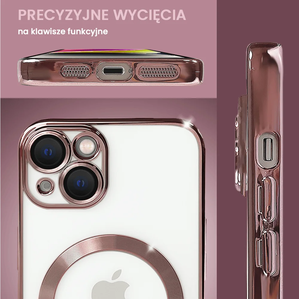 Etui do iPhone 14 MagSafe Luxury Protect przeźroczyste, hybrydowa ochrona kamery, różowe złoto