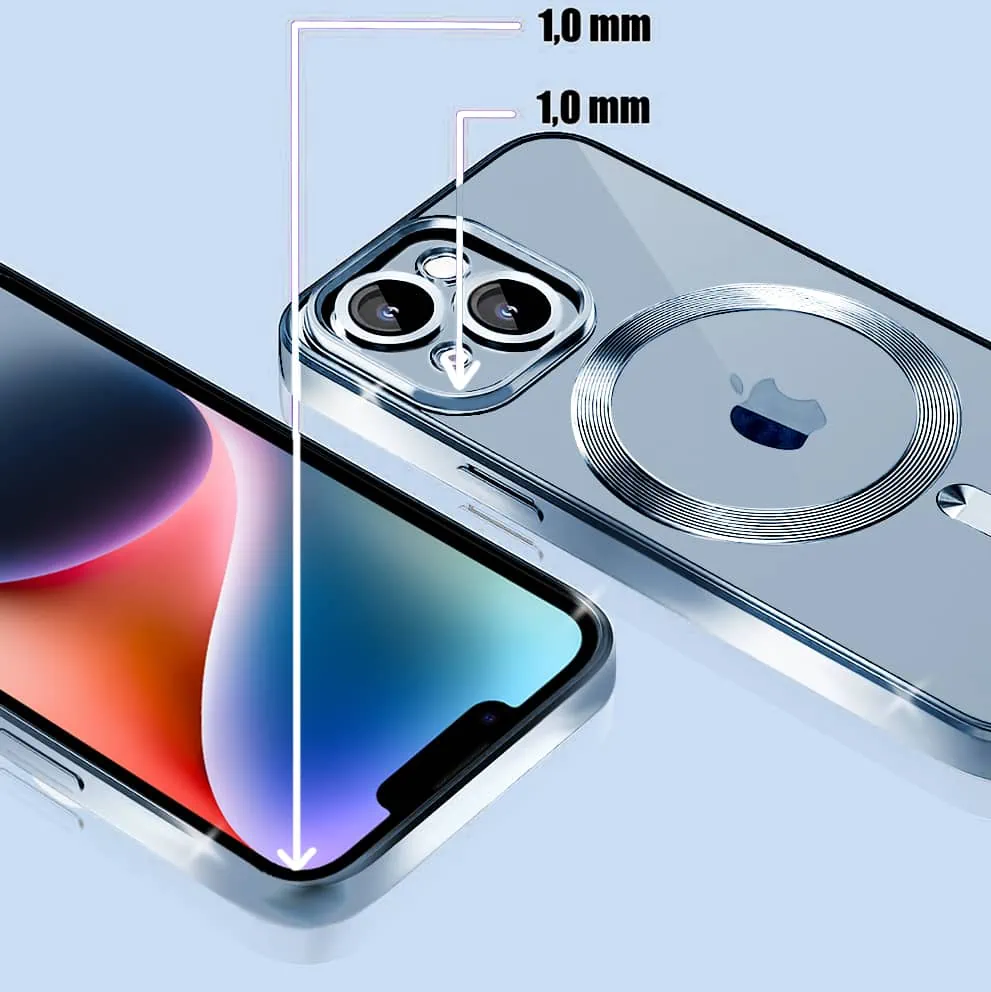 Etui do iPhone 14 Plus MagSafe Luxury Protect przeźroczyste, hybrydowa ochrona kamery, górski błękit