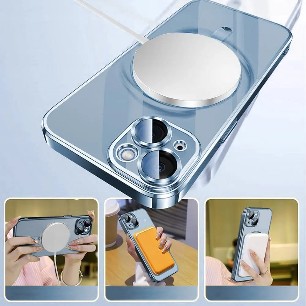 Etui do iPhone 14 Plus MagSafe Luxury Protect przeźroczyste, hybrydowa ochrona kamery, górski błękit