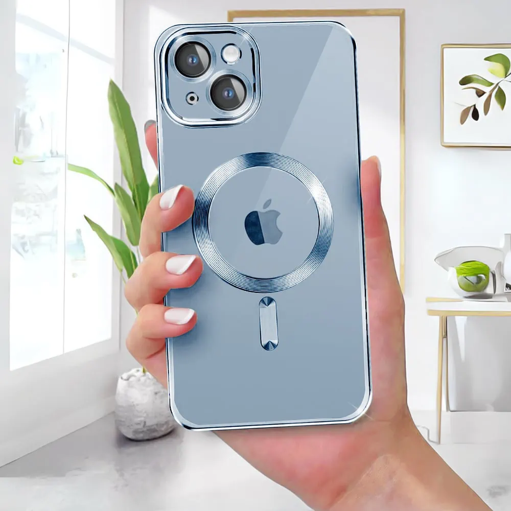 Etui do iPhone 14 Plus MagSafe Luxury Protect przeźroczyste, hybrydowa ochrona kamery, górski błękit