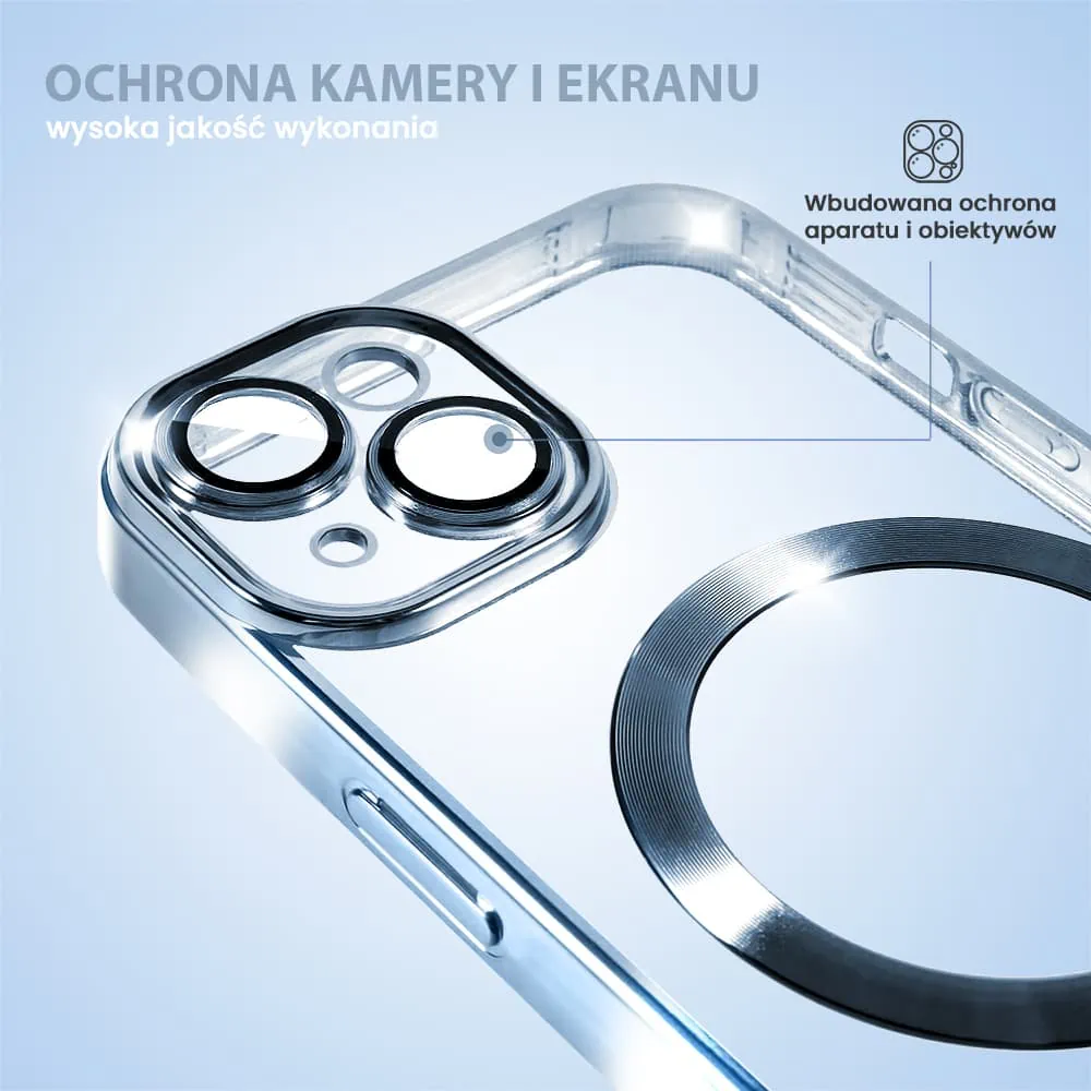 Etui do iPhone 14 Plus MagSafe Luxury Protect przeźroczyste, hybrydowa ochrona kamery, górski błękit