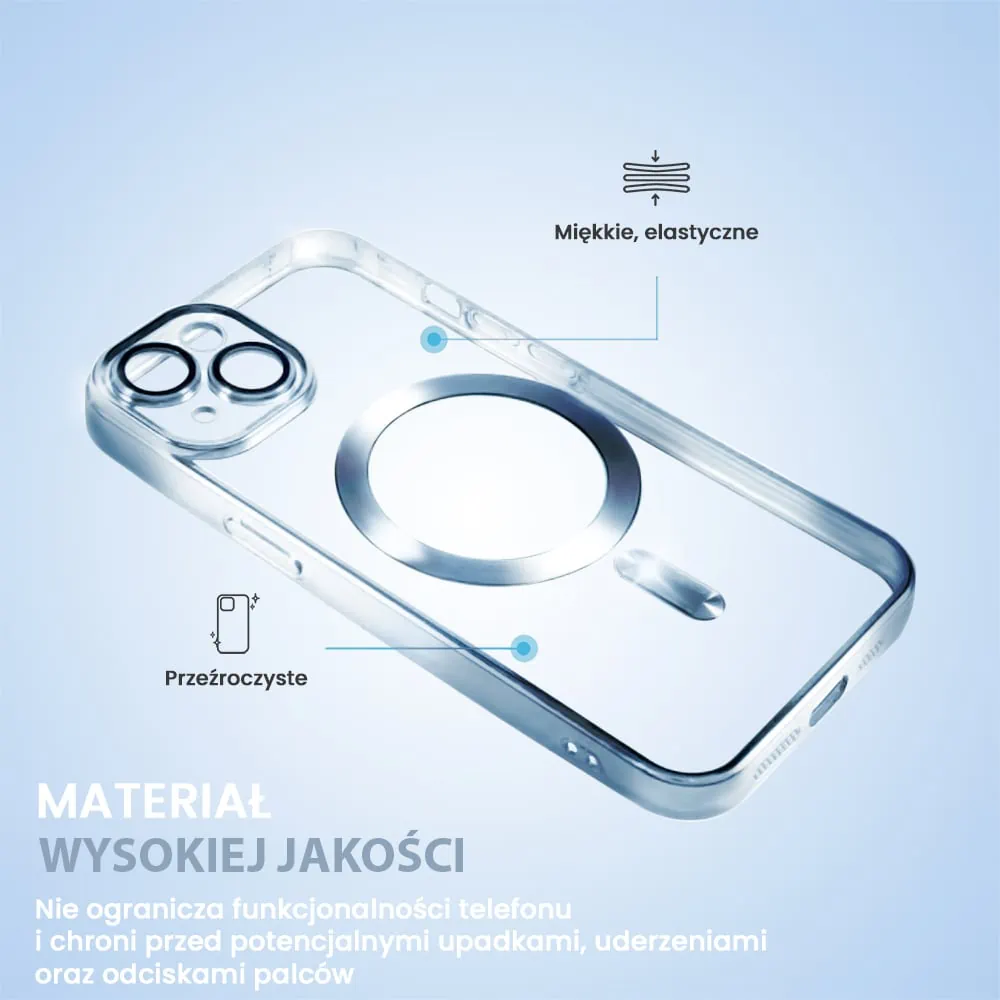 Etui do iPhone 14 Plus MagSafe Luxury Protect przeźroczyste, hybrydowa ochrona kamery, górski błękit