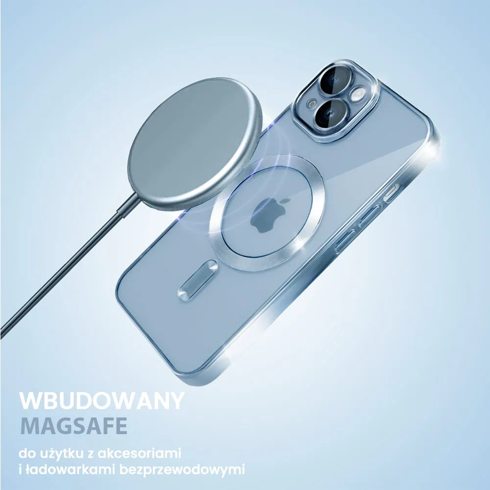 Etui do iPhone 14 Plus MagSafe Luxury Protect przeźroczyste, hybrydowa ochrona kamery, górski błękit