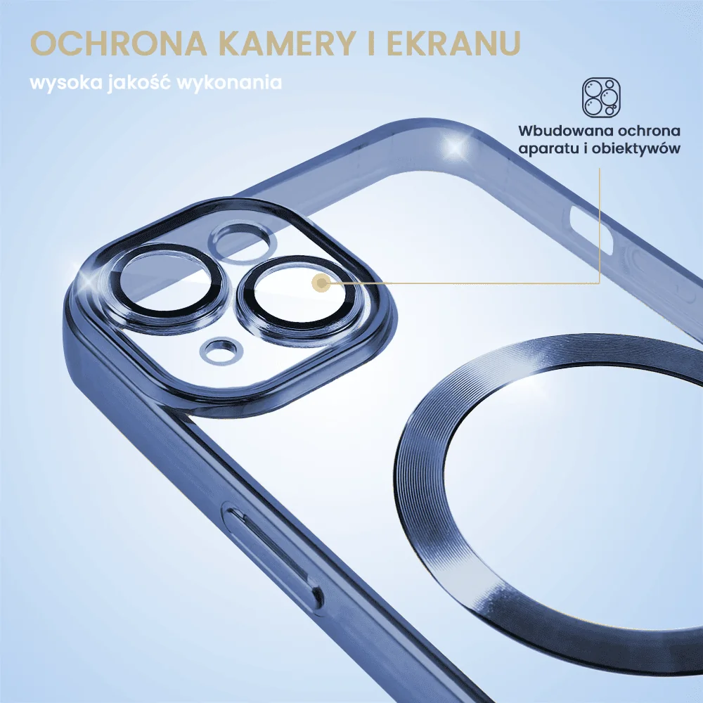 Etui do iPhone 14 MagSafe Luxury Protect przeźroczyste, hybrydowa ochrona kamery, niebieskie