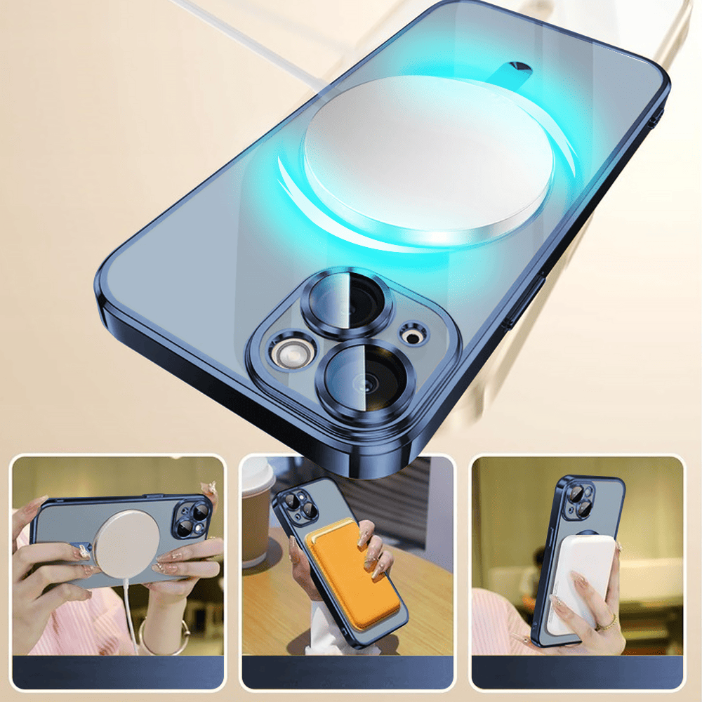 Etui do iPhone 14 MagSafe Luxury Protect przeźroczyste, hybrydowa ochrona kamery, niebieskie