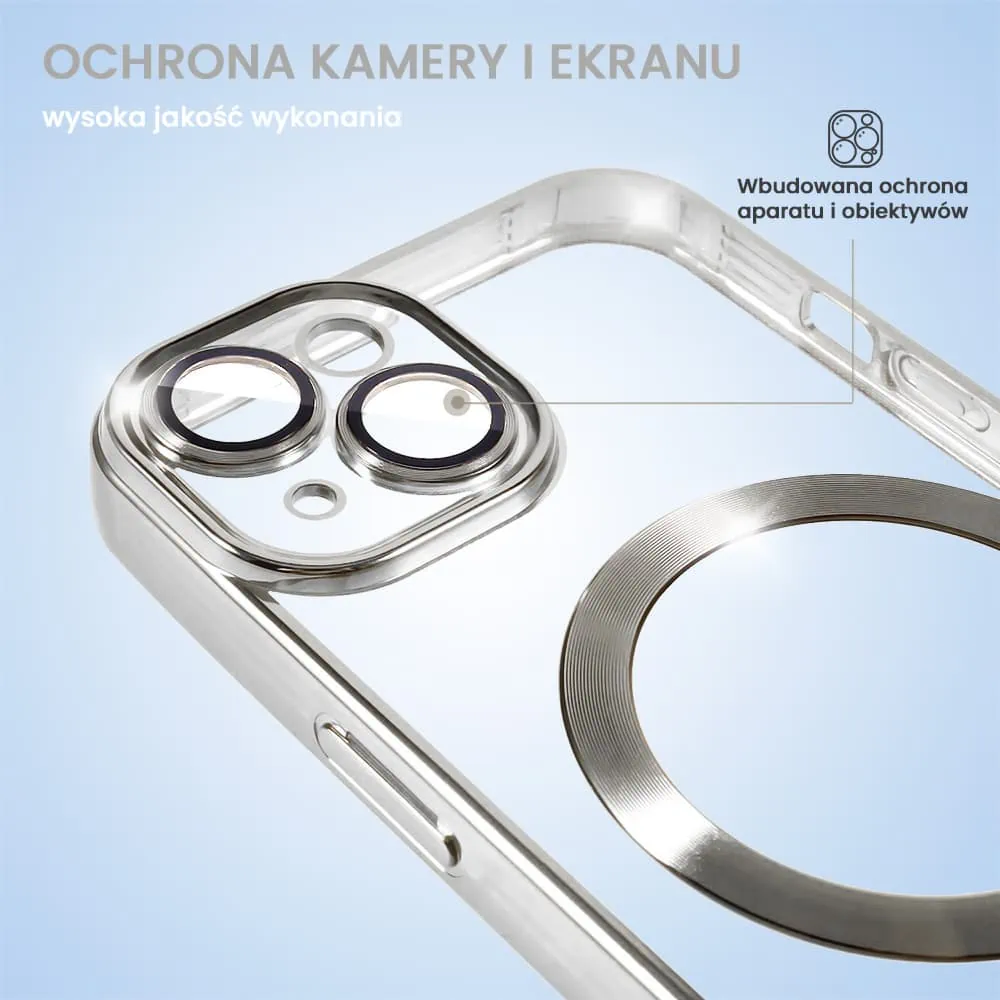 Etui do iPhone 13 Mini MagSafe Luxury Protect przeźroczyste, hybrydowa ochrona kamery, srebrne