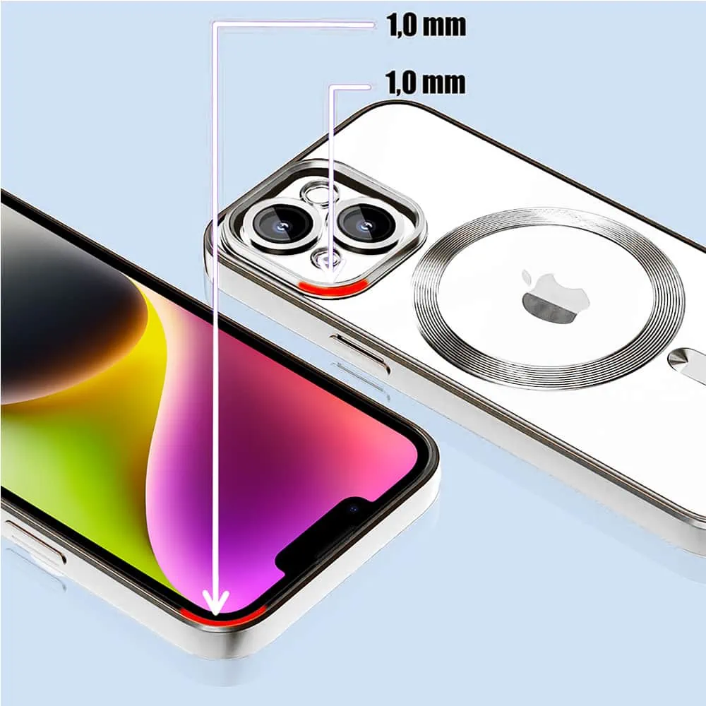 Etui do iPhone 14 Plus MagSafe Luxury Protect przeźroczyste, hybrydowa ochrona kamery, srebrne