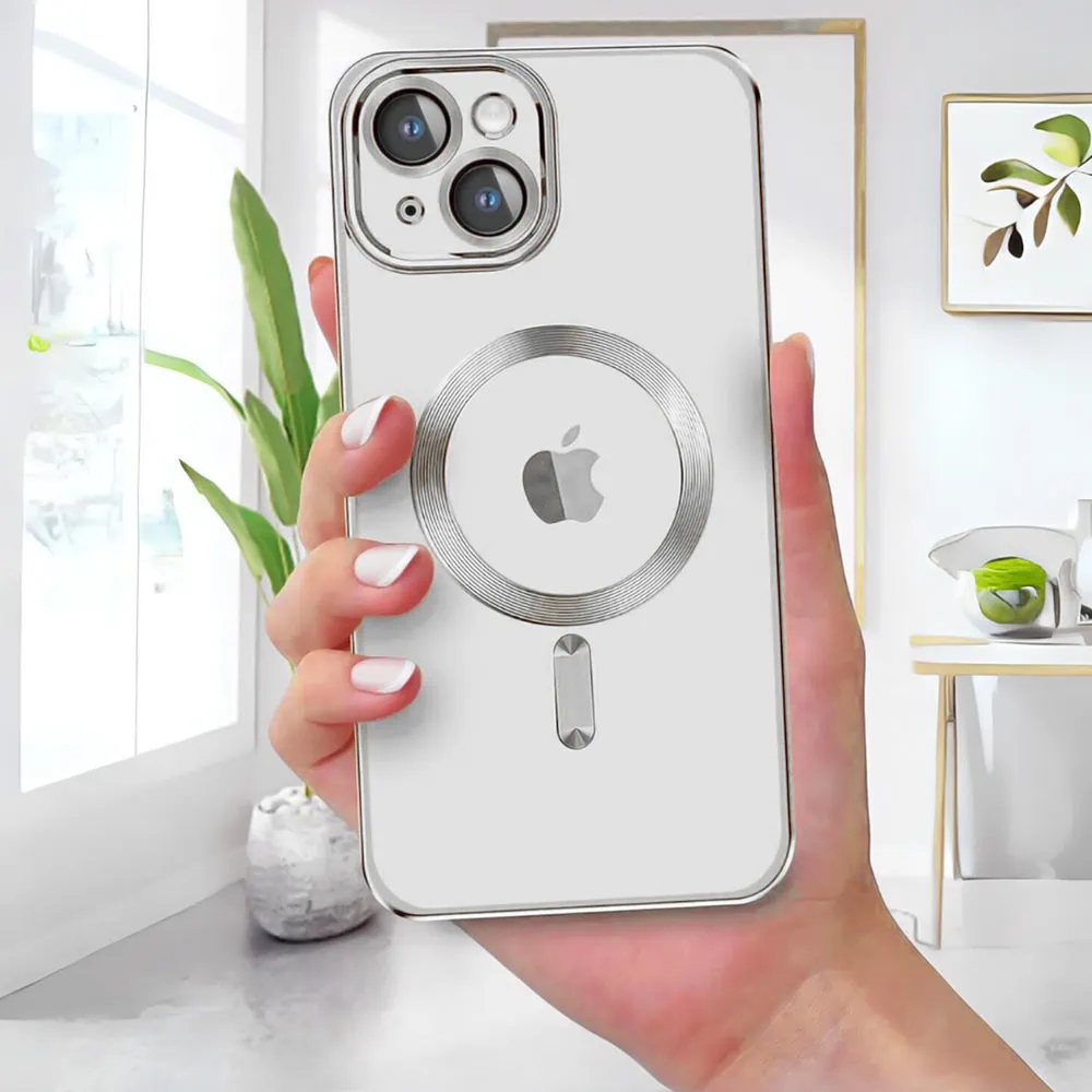 Etui do iPhone 13 Mini MagSafe Luxury Protect przeźroczyste, hybrydowa ochrona kamery, srebrne