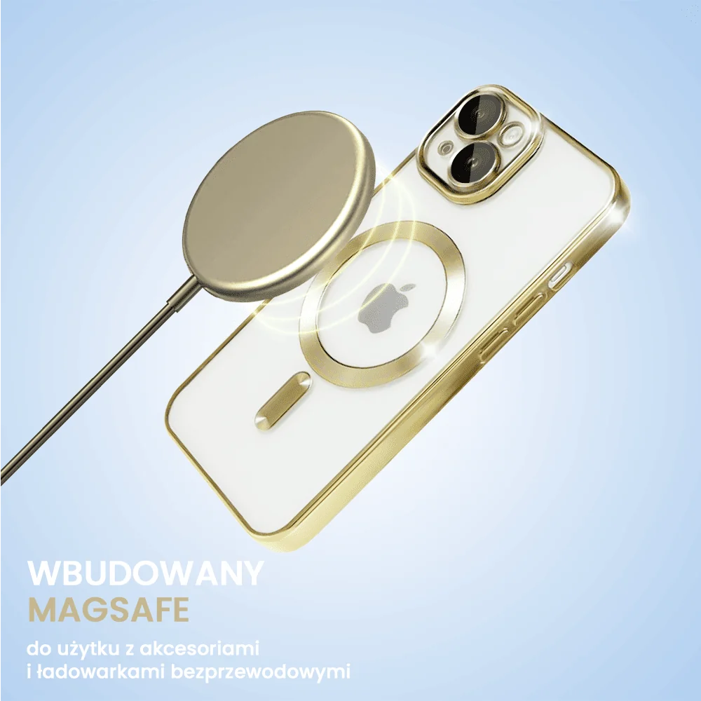 Etui do iPhone 14 Plus MagSafe Luxury Protect przeźroczyste, hybrydowa ochrona kamery, złote