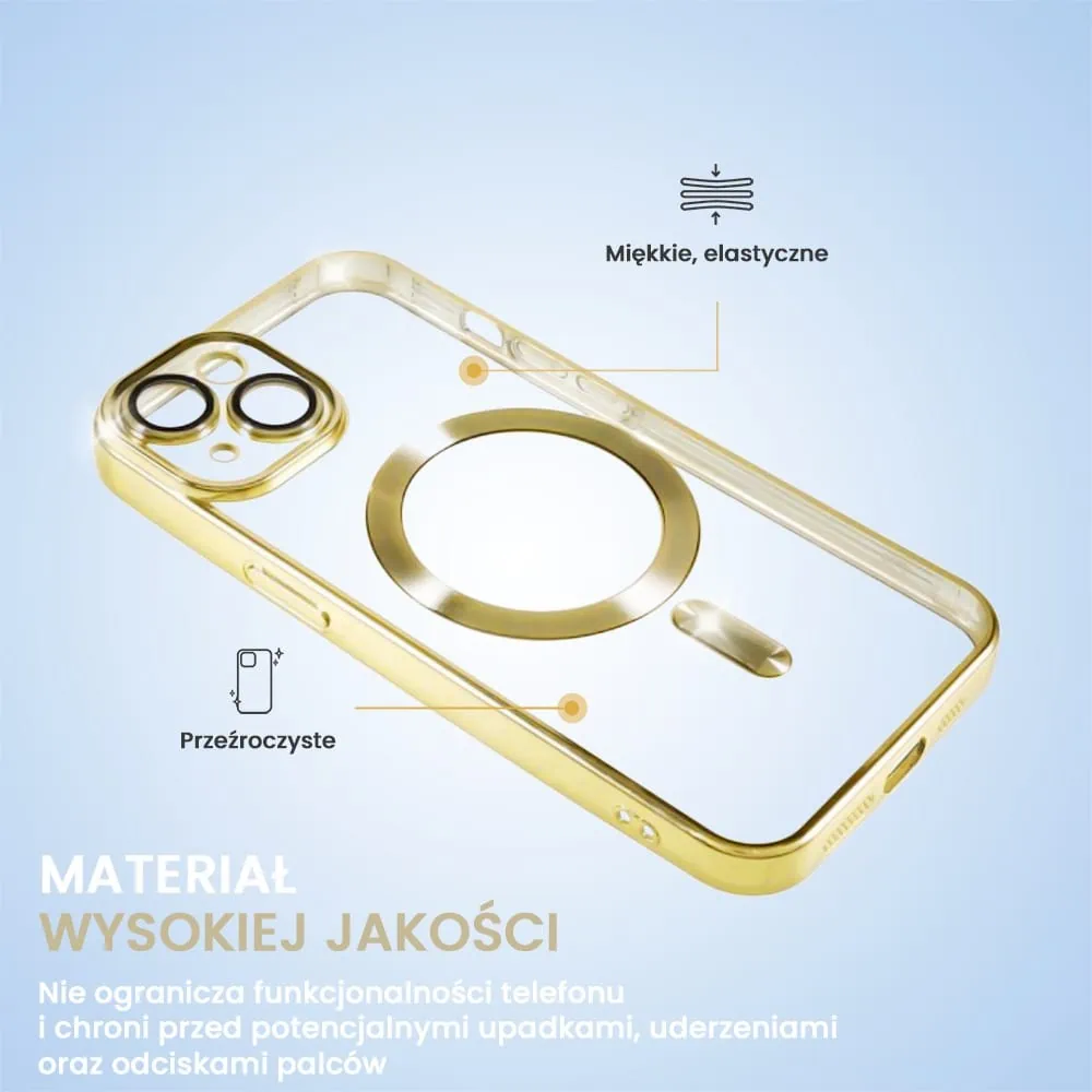 Etui do iPhone 14 Plus MagSafe Luxury Protect przeźroczyste, hybrydowa ochrona kamery, złote