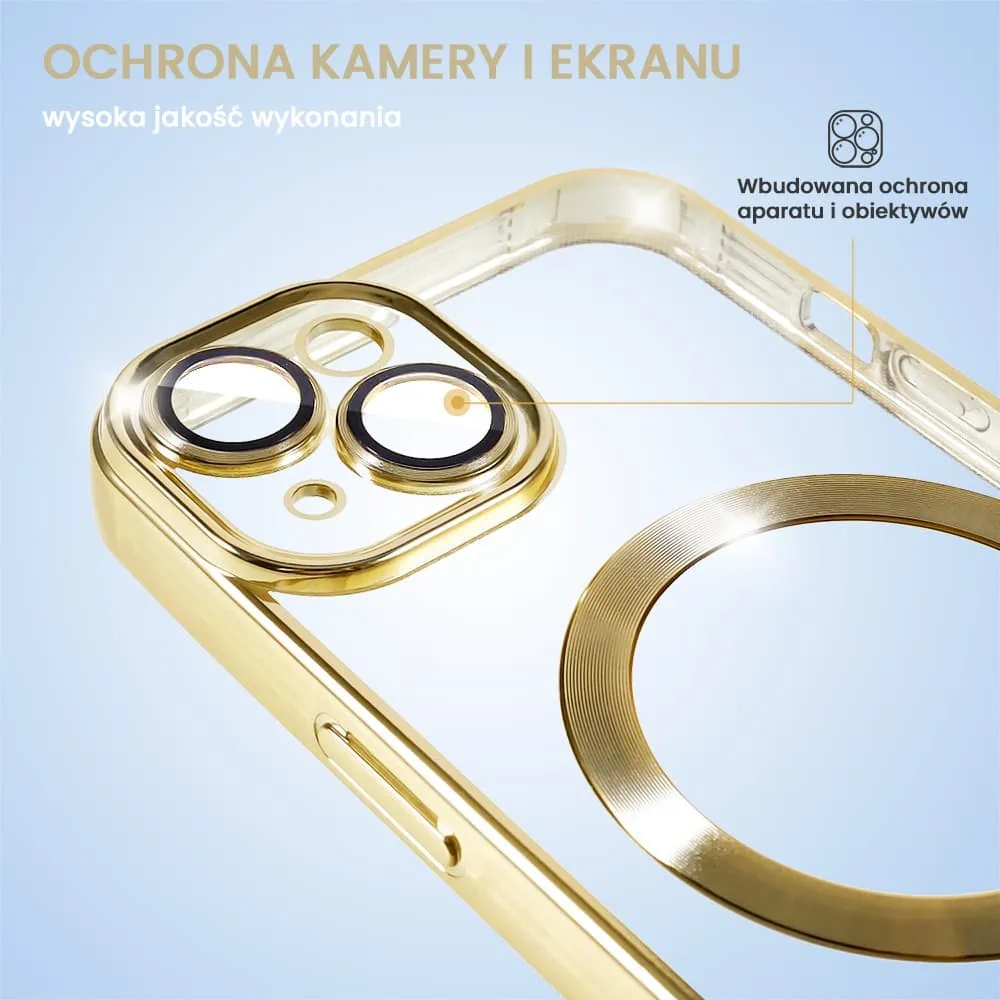 Etui do iPhone 14 Plus MagSafe Luxury Protect przeźroczyste, hybrydowa ochrona kamery, złote