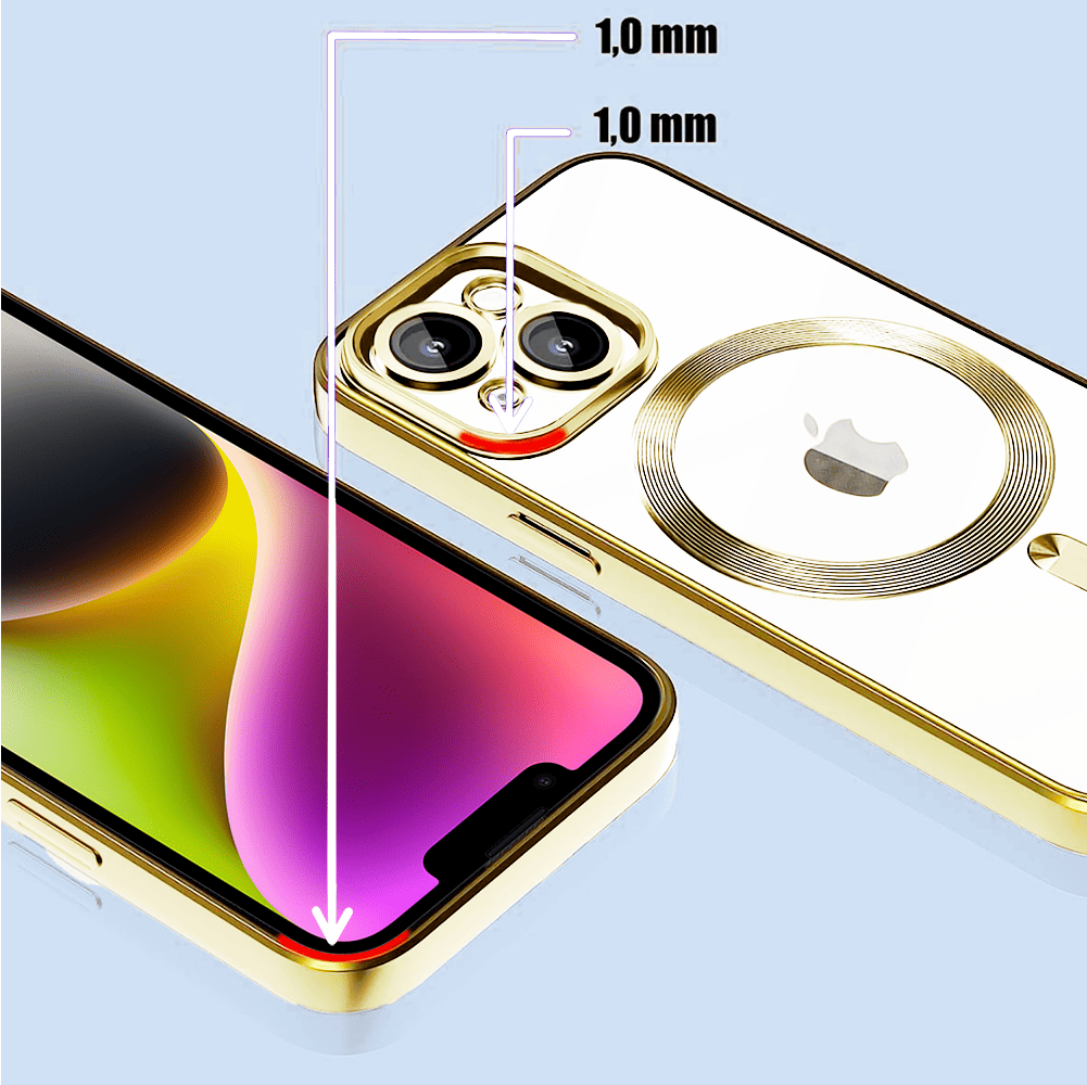 Etui do iPhone 14 Plus MagSafe Luxury Protect przeźroczyste, hybrydowa ochrona kamery, złote